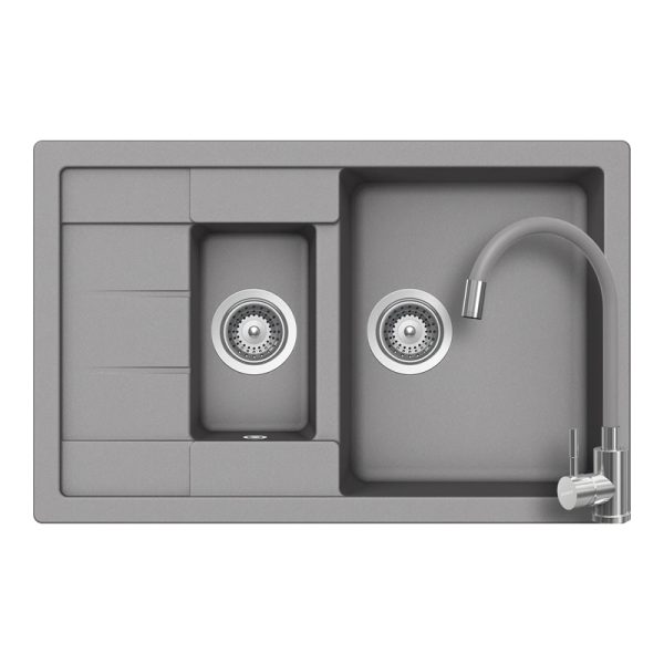Set Chiuveta Granit Schock Manhattan D-150S Croma + Baterie Schock Flora inox periat cu pipa flexibila, gri